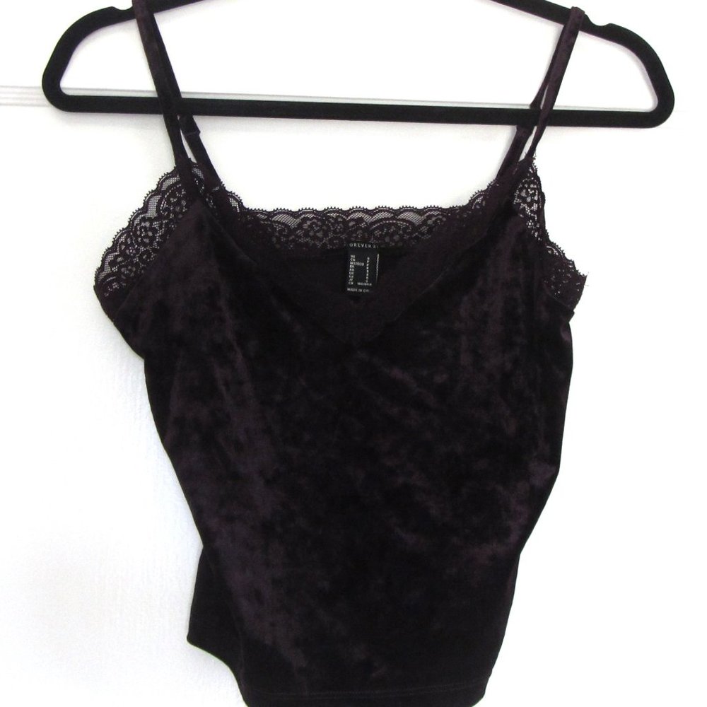 NWOT Deep Purple Velvet Camisole Top, Forever 21, Lace Trimmed, Size Small